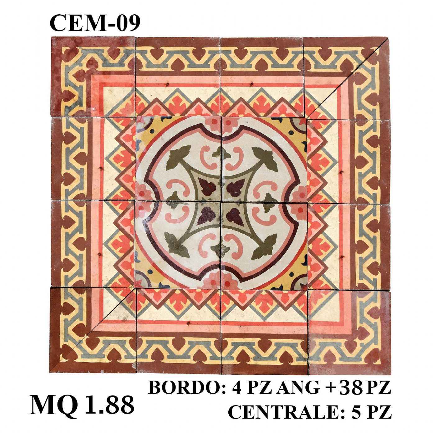 Ancien revêtement de sol en carreaux de ciment. cm 20x20. Début du XXe siècle.